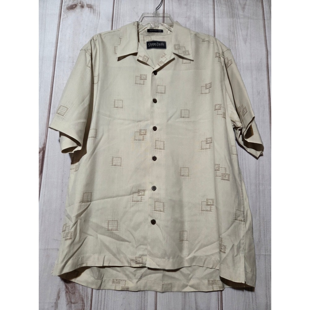 Ocean Pacific Mens Washable Silk Button Up Shirt Tan Geometric Tropical Leaf M‎